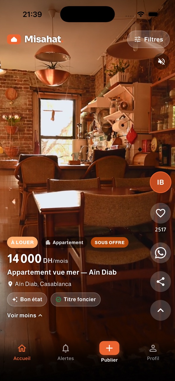 Feed Misahat : appartement à louer à Aïn Diab, 14 000 DH par mois