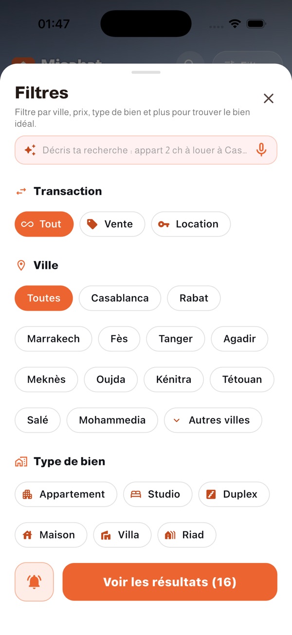 Recherche Misahat : décrivez ou dictez votre recherche en langage naturel, l'IA applique les filtres