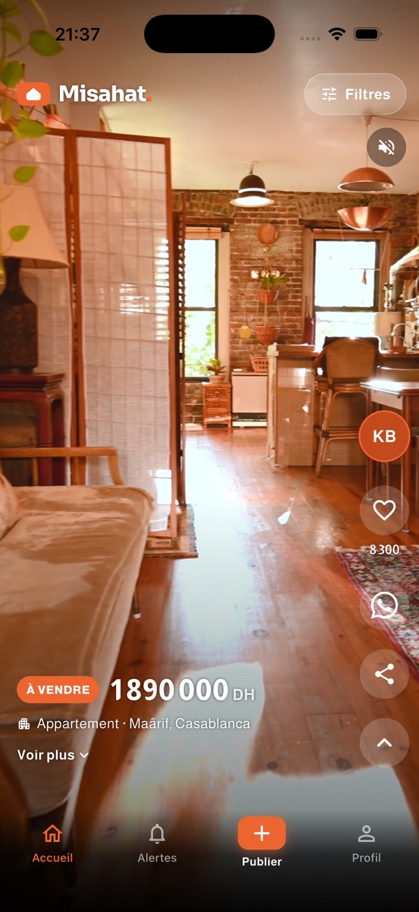 Le feed Misahat : visite vidéo d'un appartement à Casablanca, prix et quartier en sur-impression